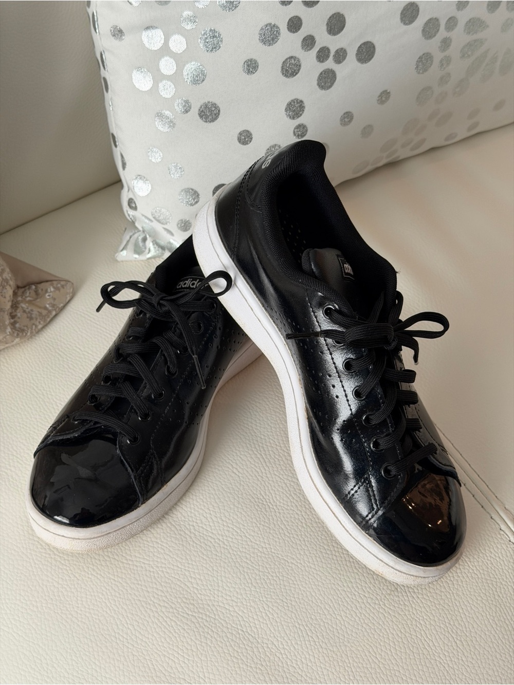 adidas Black Patent Leather Low-Top Sneakers with White Sole